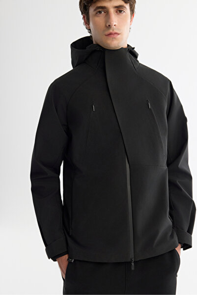 Avva Erkek Siyah Kapüşonlu Su İtici Rüzgar Geçirmez Mıknatıs Kapama Mevsimlik Mont A42Y6083