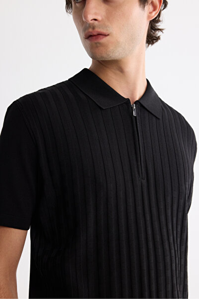 Avva Ανδρικό μπλουζάκι με φερμουάρ με λαιμόκοψη μαύρο πόλο με φερμουάρ, πλεκτό από ρεγιόν, κανονική εφαρμογή A42Y5128