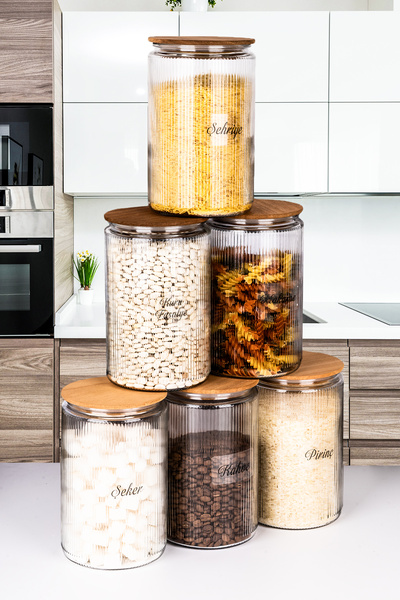naturelove 6'lı Jumbo Cam Kavanoz Bakliyat Seti, 1500 ML Ahşap Vakum Kapaklı ...