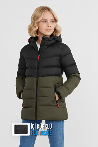 QAWWA Kız Çocuk Haki-Siyah Su ve Rüzgar Geçirmez İçi Kürklü Kuş Elyaf Dolumlu...