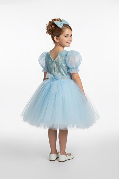 Mnk Baby&Kids Balon Kol Pul Payet Kız Çocuk Tütü Elbise M00751 MAVİ