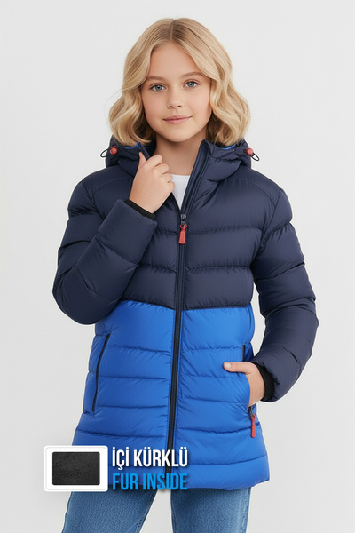 QAWWA Kız Çocuk Kapüşonlu Lacivert-Saks İçi Siyah Kürklü Kuş Elyaflı Hafif Su...