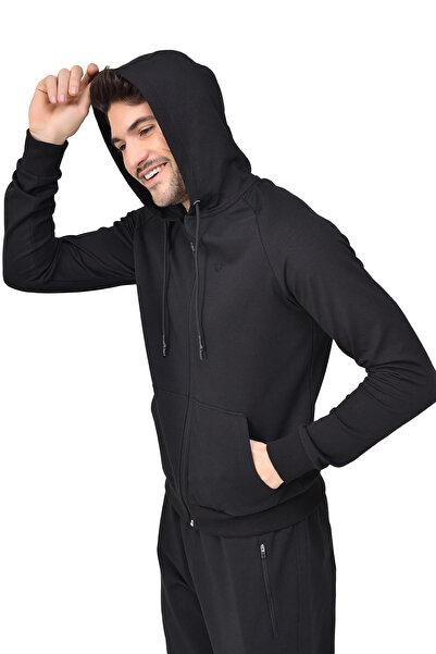 bilcee Men's Black Hooded Kangaroo Pocket Zippered Sports Top and Bottom Tracksuit Set 8241