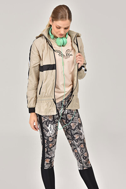 bilcee Beige Women's Sports Windbreaker - Pockets, String Zipper, Hood, Elastic Waist, 3512