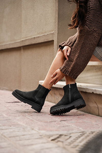 diclepolat Kadın Çift Lastikli Kalın Taban Chelsea Günlük Bot anve Siyah