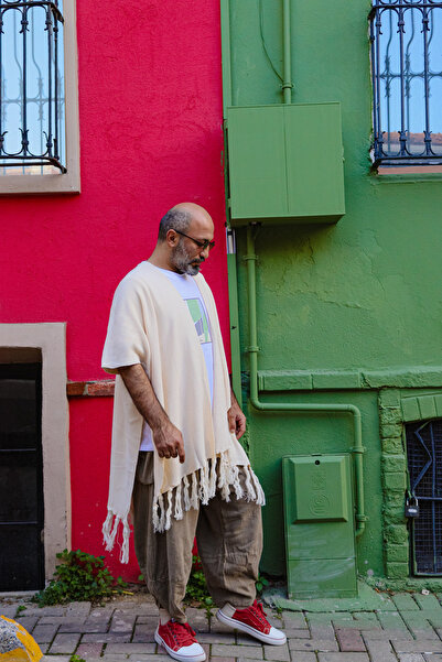 Oiki Krem Renk Bohem Püsküllü DokumaUnisex Panço