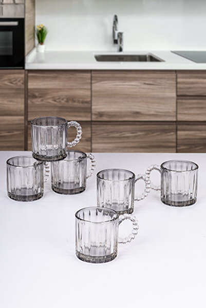 naturelove 6'lı Füme Renkli Boncuk Kulplu Tasarım Cam Bardak 130 Ml, Çay Kahv...