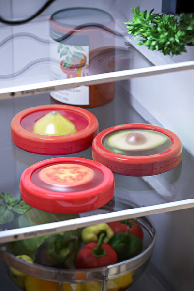 Vienev Half Fruit and Vegetable Preservation Set for 3 Pieces of Refrigerator - Lemon, Onion, Tomato Storage Box Red