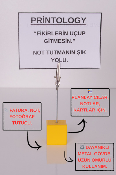 Printology Metal Not Tutucu Metal Kıskançlı Notluk Sarı Masaüstü Not Tutacağı