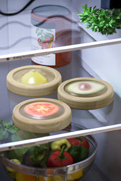 Vienev Beige Set of 3 Refrigerator - Half Fruit and Vegetable Preservation Container, Lemon, Onion, Tomato Storage Box