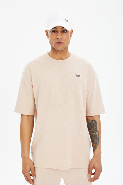 bilcee Чоловічий кремовий м'який оверсайз велосипедний комір спортивний футболка шорти комплект 0690