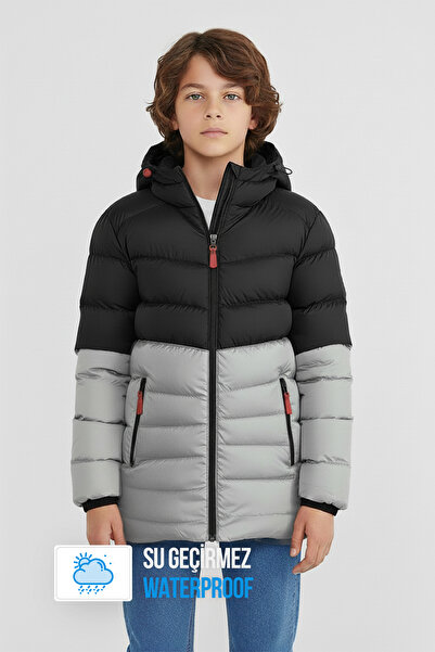 QAWWA Erkek Çocuk Rüzgar Geçirmez Kalın Elyaf Dolgulu Kışlık Kapüşonlu Mont
