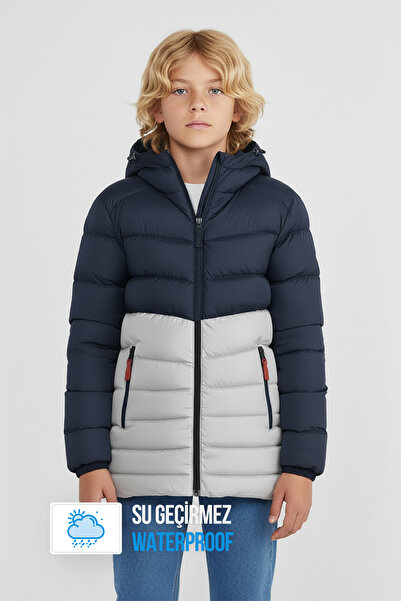 QAWWA Erkek Çocuk Rüzgar Geçirmez Kalın Elyaf Dolgulu Kışlık Lacivert-gri Kap...