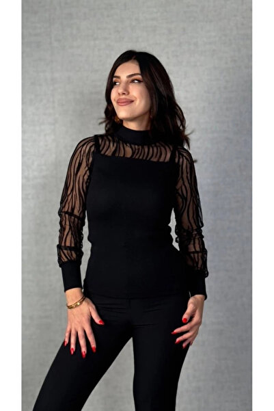 Butik Women's Long Sleeve Crew Neck Sleeves Tulle Detail Ribbed Knit Fabric Blouse