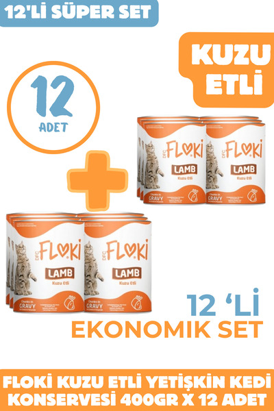 Floki Kuzu Etli Yetişkin Kedi Konservesi 12x400g – Ekonomik Set