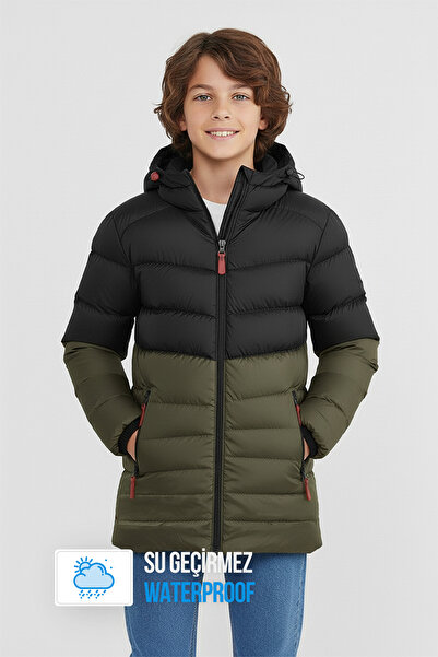 QAWWA Erkek Çocuk Rüzgar Geçirmez İçi Polarlı Kalın Elyaf Dolgulu Kışlık Haki...