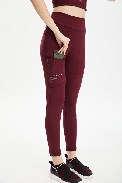 bilcee Women's Claret Red High Waist Lycra Pieced Pocket Plain Running Outdoor Sports Casual Tights Trousers 0674