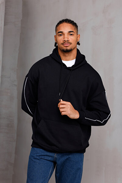 DARK MODA Φούτερ Unisex με ρίγες oversized με κουκούλα με κορδόνι και τσέπες καγκουρό