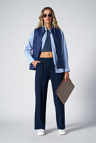 bilcee Women's Navy Blue High Waist Ribbed Loose Fabric Trousers 4591