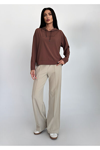 bilcee Women's Beige High Waist Ribbed Loose Fabric Trousers 4591