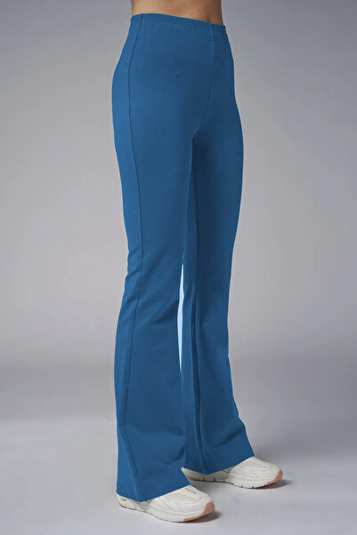 bilcee Women's Dark Blue High Waist Flare Cotton Trousers 9911