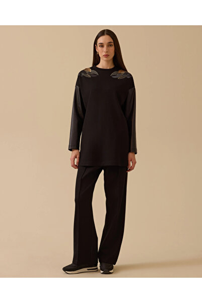 SEÇİL Faux Leather Piped Wide Leg Trousers