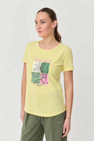 bilcee Women's Yellow Cotton Printed Crew Neck T-Shirt 9749