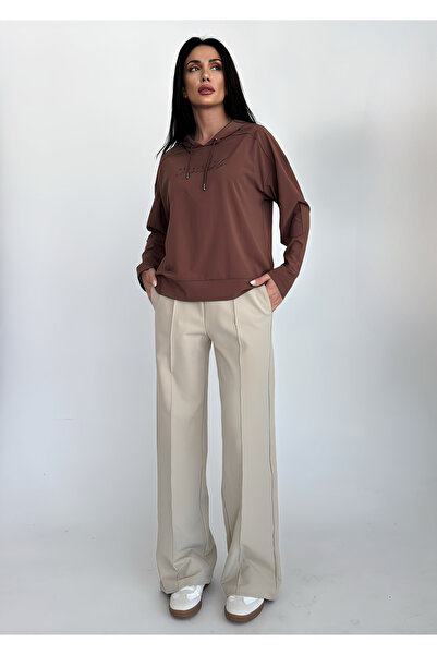 bilcee Women's Beige High Waist Ribbed Loose Fabric Trousers 4591