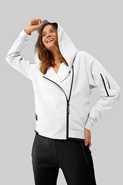bilcee Women's Zippered Hooded Sleeve Pocket White Tracksuit Set 1523