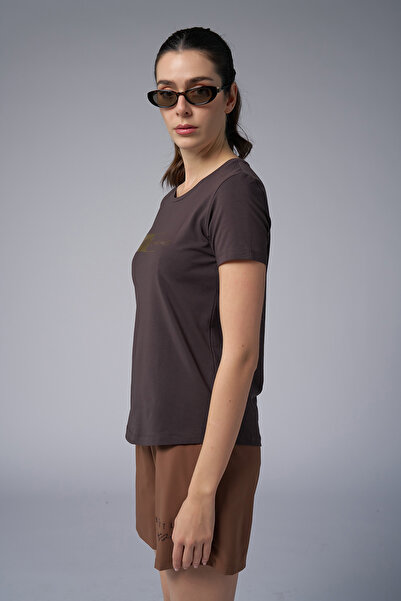 bilcee Γυναικείο καφέ μπλουζάκι με στάμπα και πέτρα μπροστά 4069