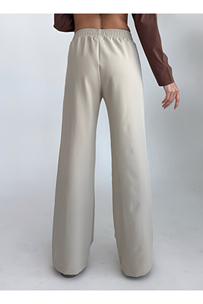 bilcee Women's Beige High Waist Ribbed Loose Fabric Trousers 4591