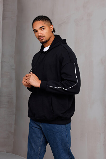 DARK MODA Φούτερ Unisex με ρίγες oversized με κουκούλα με κορδόνι και τσέπες καγκουρό