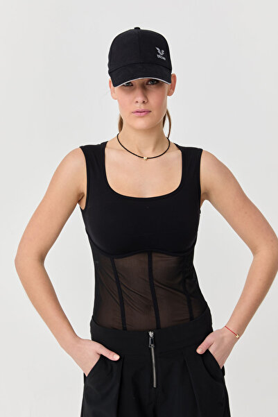 bilcee Women's Transparent Detailed Zero Sleeve Black Crop Body 9761