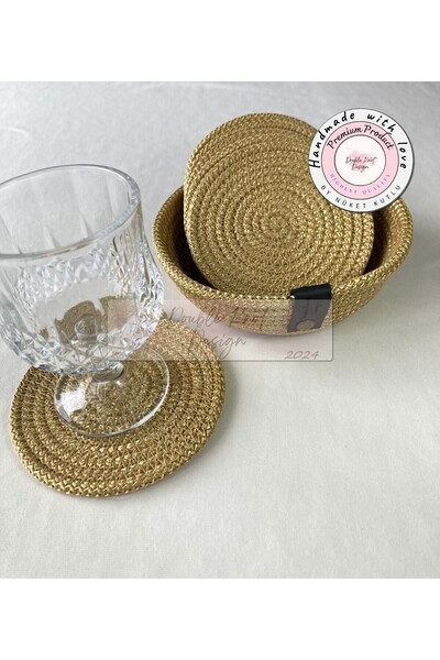 DOUBLE KNOT DESİGN Parlak Gold Sarı Tress Supla Bardak Altlığı Set 7 Parça / ...