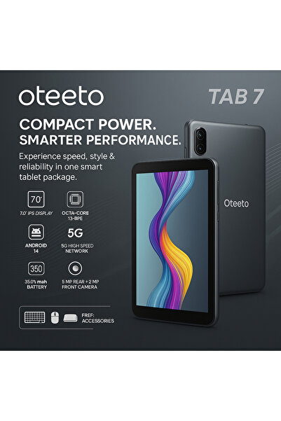 OTEETO TAB 7 Android Tablet 7" Display, 8GB RAM, 256GB Storage, 3500mAh Battery, Keyboard Mouse, Grey