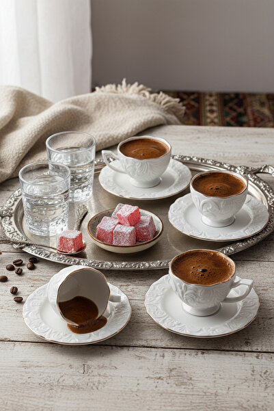 Frapan Home İpk 12 Parça 6 Kişilik Vintage Porselen Kahve Fincanı Takımı Altın Yaldız Gold