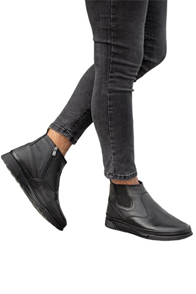 Liger Ανδρικές μαύρες μπότες από γνήσιο δέρμα - με γούνινο εσωτερικό, φερμουάρ και λάστιχο