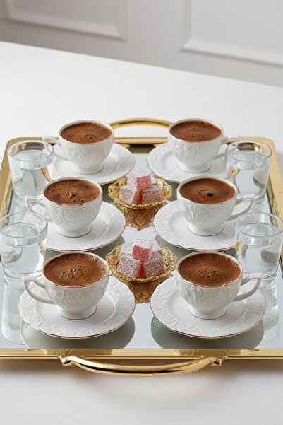 Frapan Home İpk 12 Parça 6 Kişilik Vintage Porselen Kahve Fincanı Takımı Altın Yaldız Gold