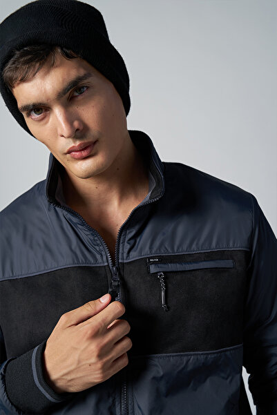 bilcee Men's Dark Navy Blue Woven 3 Thread Fleece Suede Detailed Tracksuit Set 4537