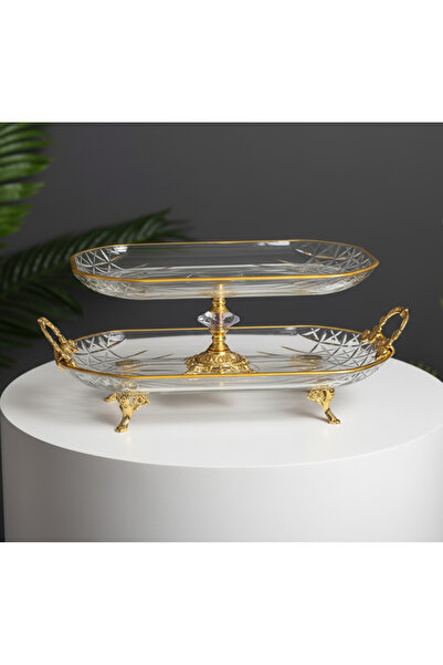 Paşabahçe 2 Li Kristal Metal Ayaklı Yaldızlı Kare Pasta Sunumluk Kurabiyelik