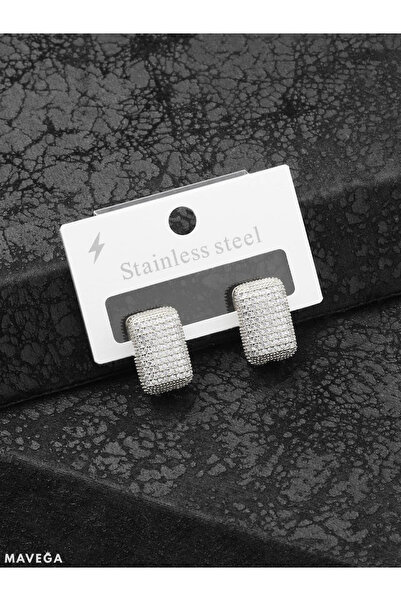 MAVEGA Kararmaz Çelik Zirkon Taşlı Yüksek Kalite Dikdörtgen Model Kadın Küpe | Gümüş Renk, 1.7x1.0 Cm