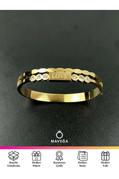 MAVEGA Love Yazılı Zirkon Taşlı Kadın Kelepçe Bileklik | Kararmaz Çelik, Zirk...