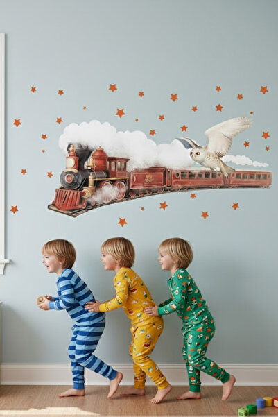 Kt Grup Vintage Tren Baykuş Ve Yıldızlar Pastel Renk Çocuk Odası Duvar Sticker