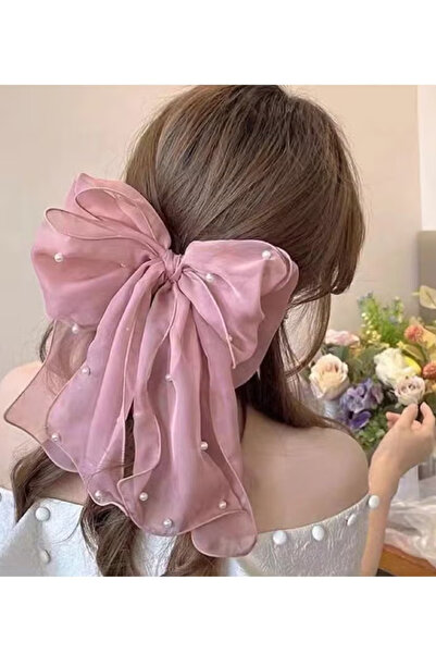 KHAJUL Pearl Hair Clips, 2-Piece Mesh Tulle Bowknot with Ribbon Long Tail for Women