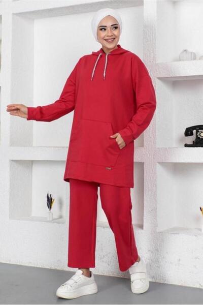 TRENDTESETTÜR WOMEN'S RED HOODED POCKET TRACK SUIT T 003