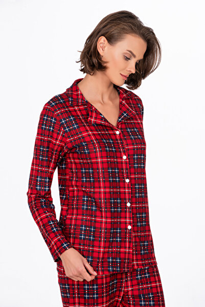 Kompedan Kadın Süet Önden Düğmeli Pijama Takımı | Ekose Kırmızı - Lacivert