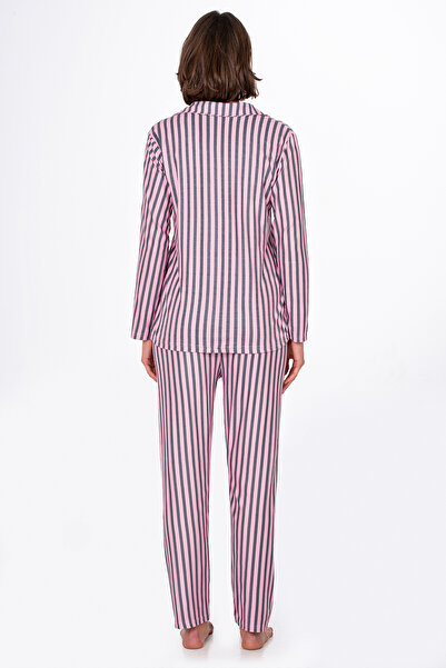 Kompedan Kadın Süet Önden Düğmeli Pijama Takımı | Çizgili Pembe