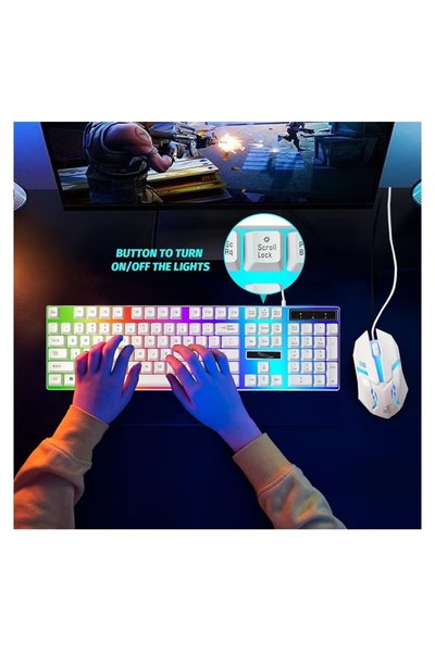 huitich G21 Wired Keyboard USB Gaming Mechanical Feel Colorful Backlit Laptop Keyboard White