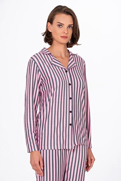 Kompedan Kadın Süet Önden Düğmeli Pijama Takımı | Çizgili Pembe