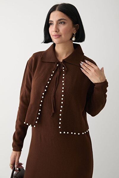 InStyle Набір трикотажних виробів з бісерним болеро та гірким кавовим принтом